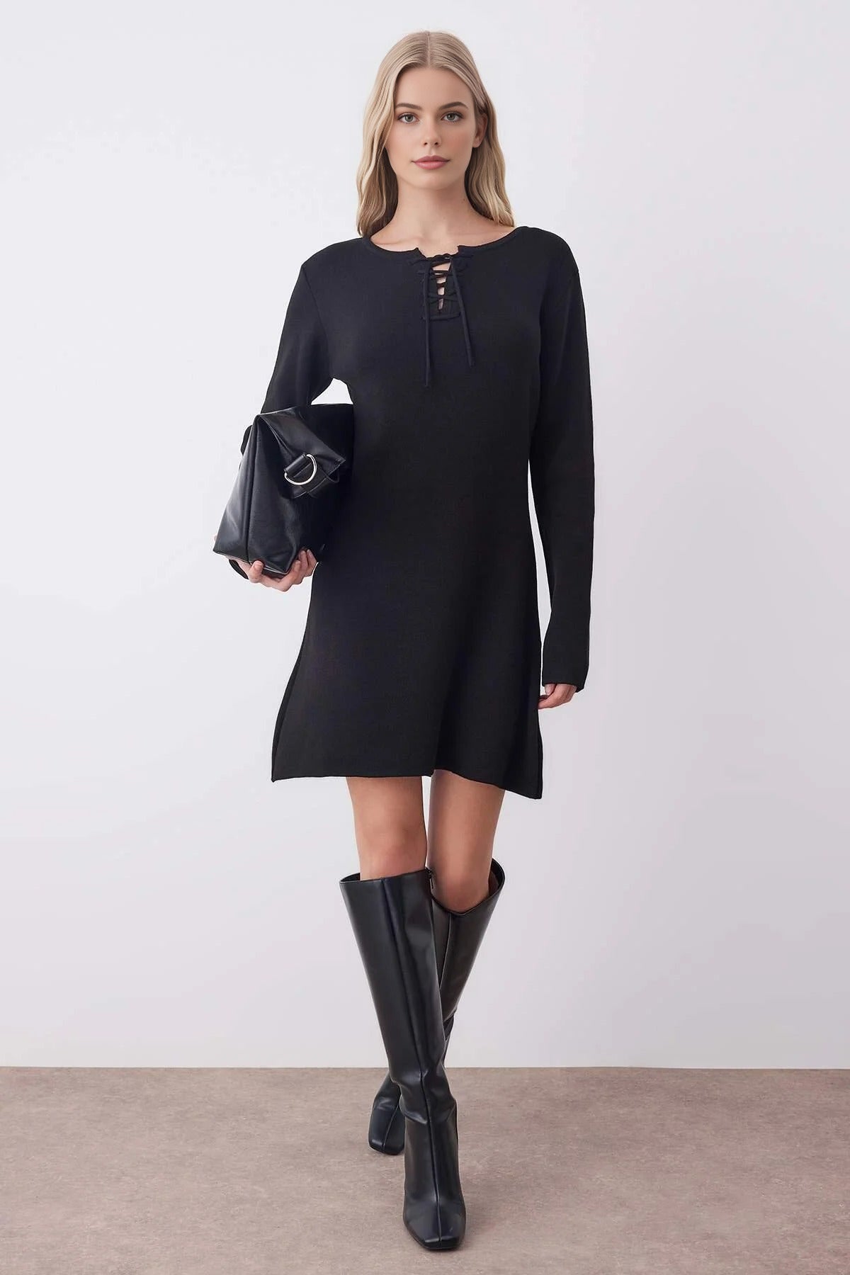 Mini A-Line Knit Dress with Tie Detail