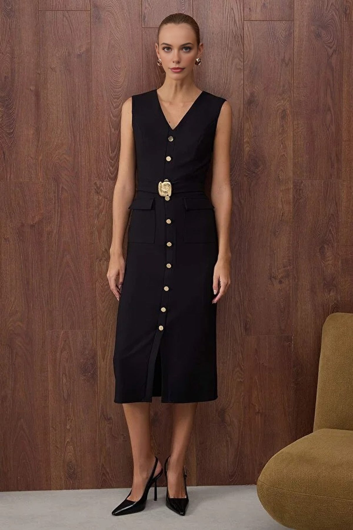 Midi Woven Dress with Belted Accessory Detail