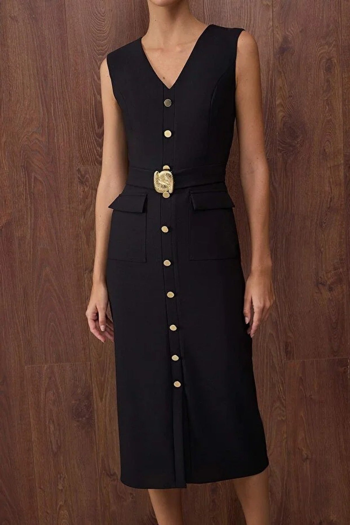 Midi Woven Dress with Belted Accessory Detail