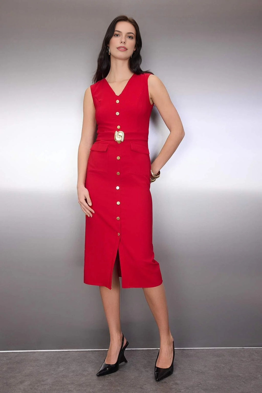 Midi Woven Dress with Belted Accessory Detail