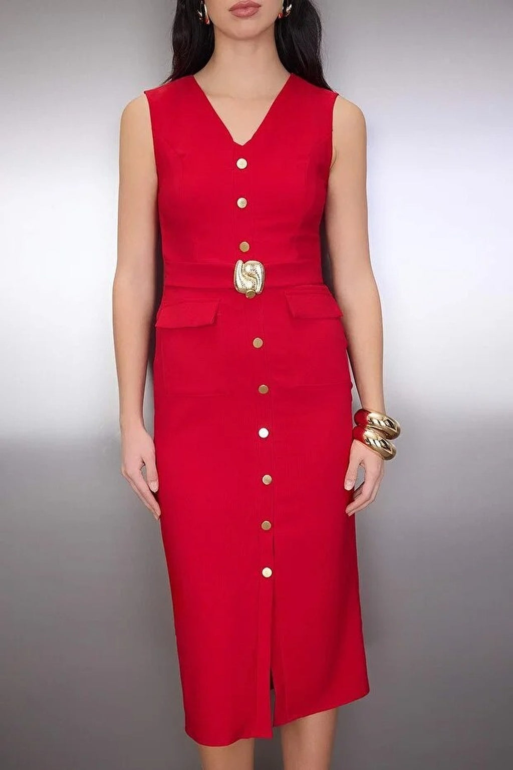 Midi Woven Dress with Belted Accessory Detail