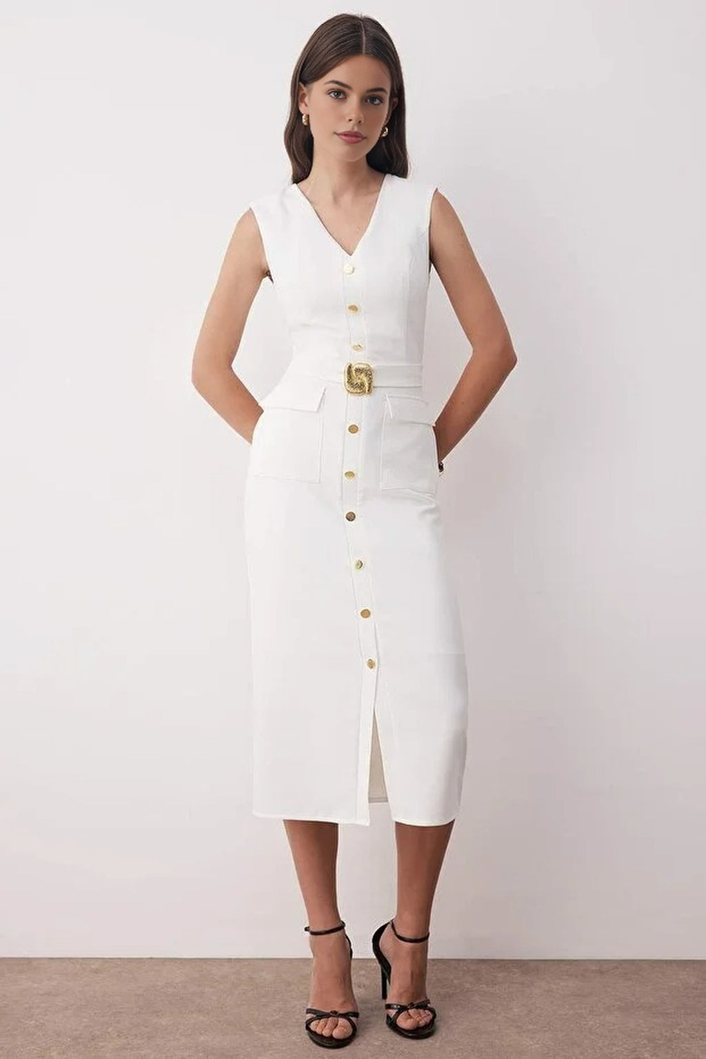 Midi Woven Dress with Belted Accessory Detail