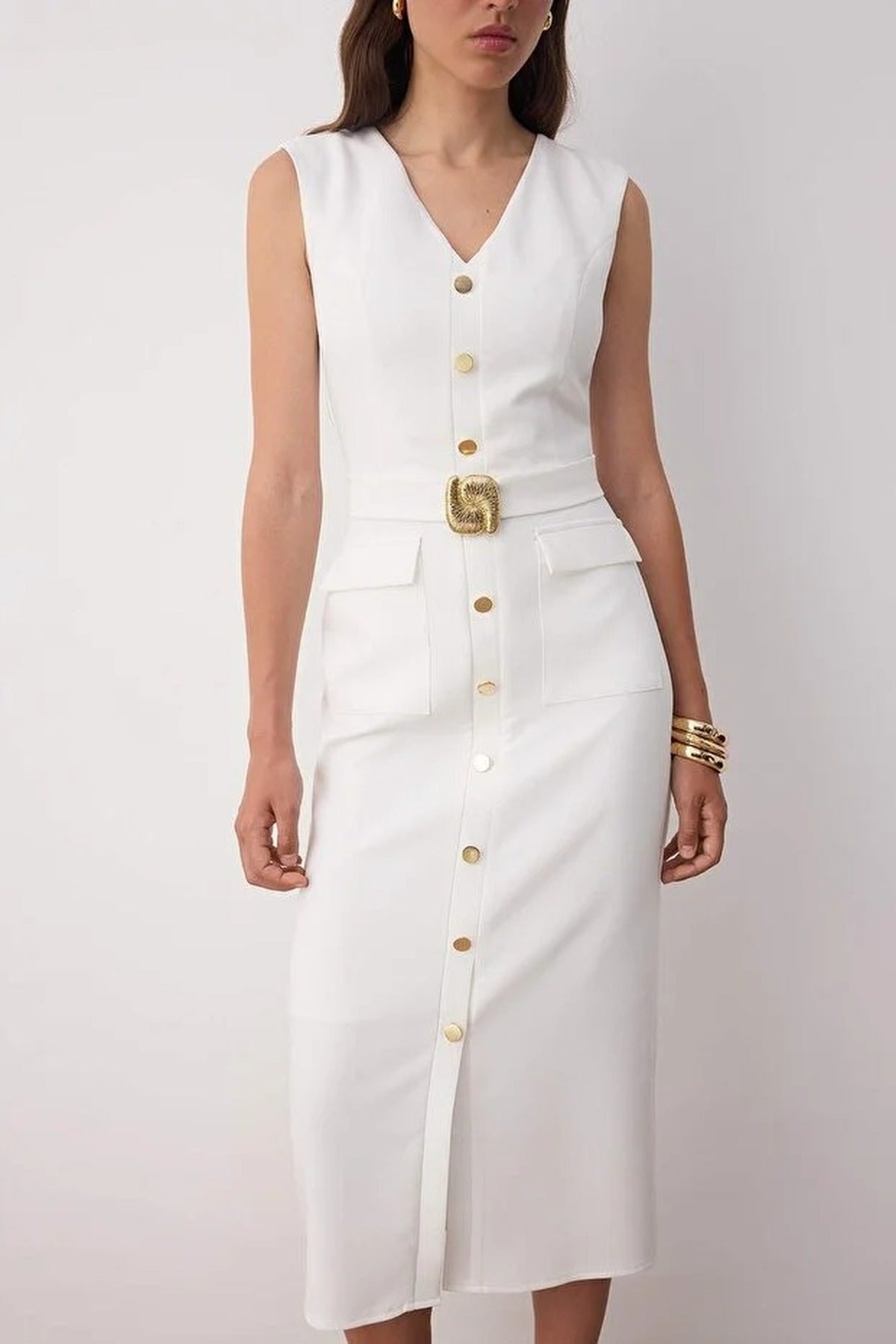 Midi Woven Dress with Belted Accessory Detail