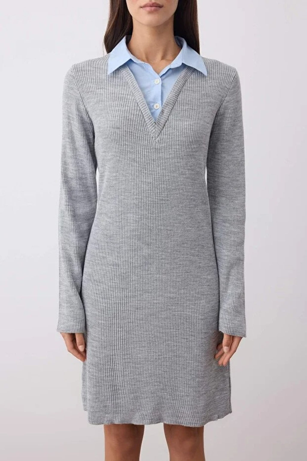 Color Block Mini Fitted Knit Dress with Shirt Trim