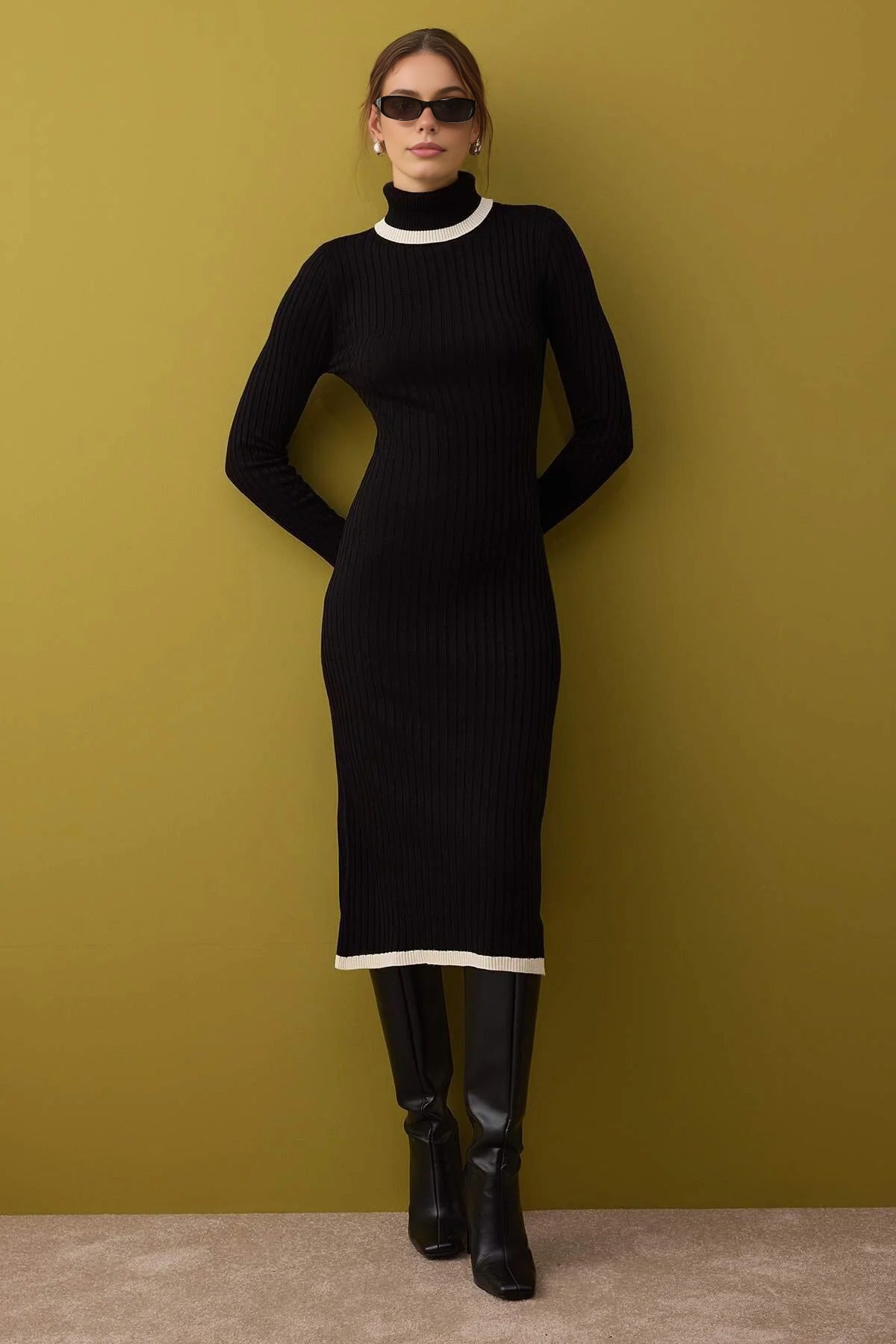 Color Blocked Midi Turtleneck Knit Dress