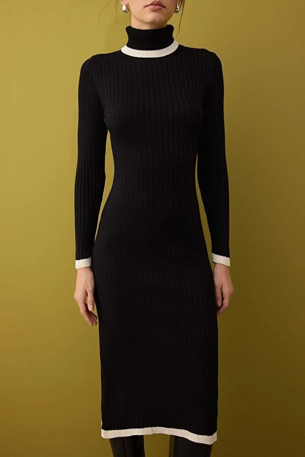 Color Blocked Midi Turtleneck Knit Dress