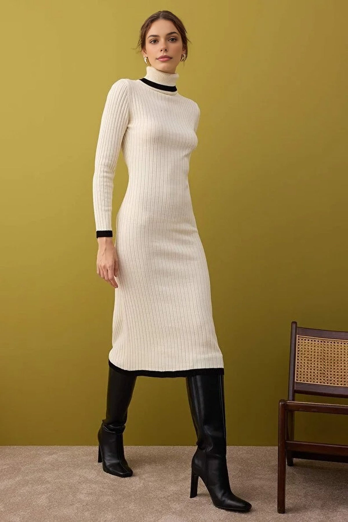 Color Blocked Midi Turtleneck Knit Dress