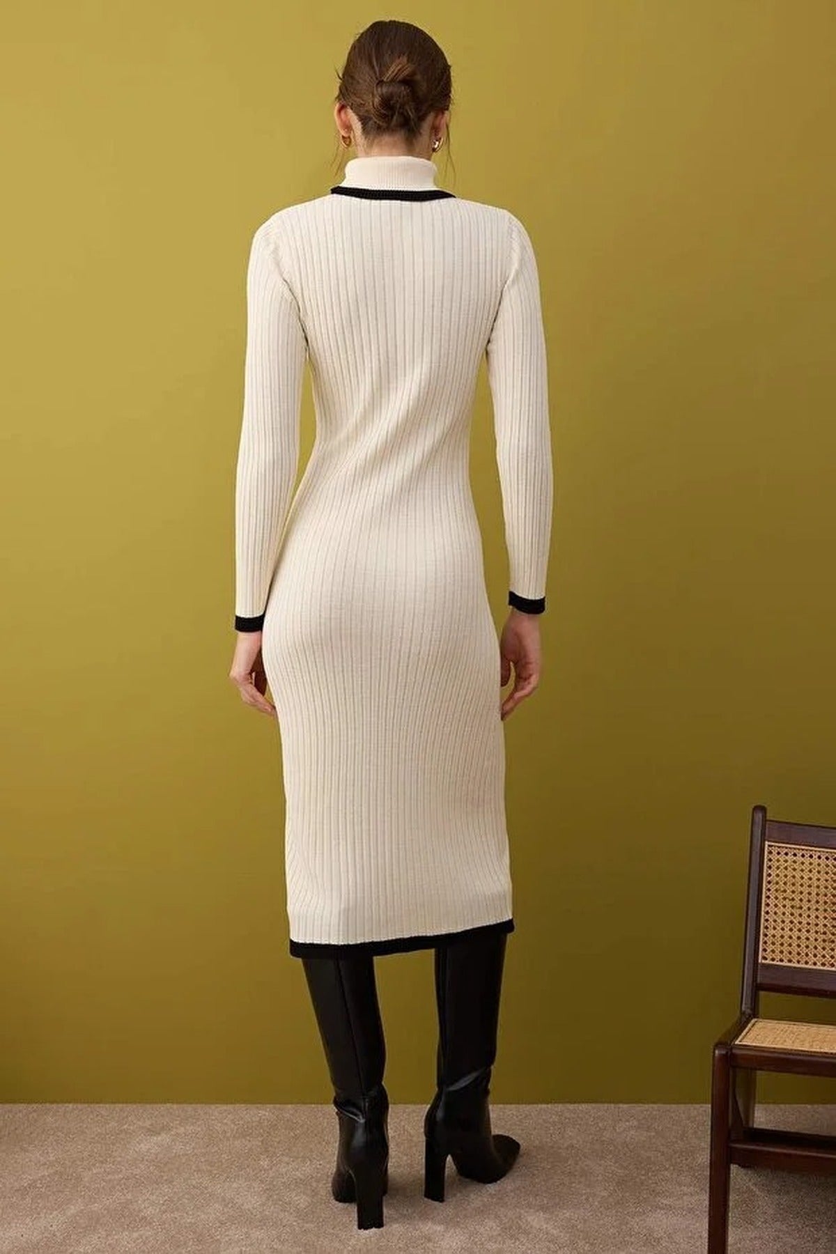 Color Blocked Midi Turtleneck Knit Dress