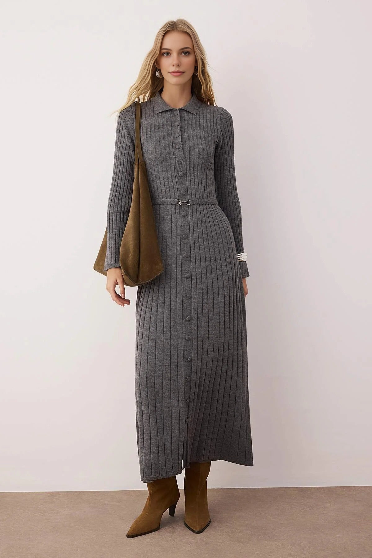 Ribbed Knit Dress with Belt Detail