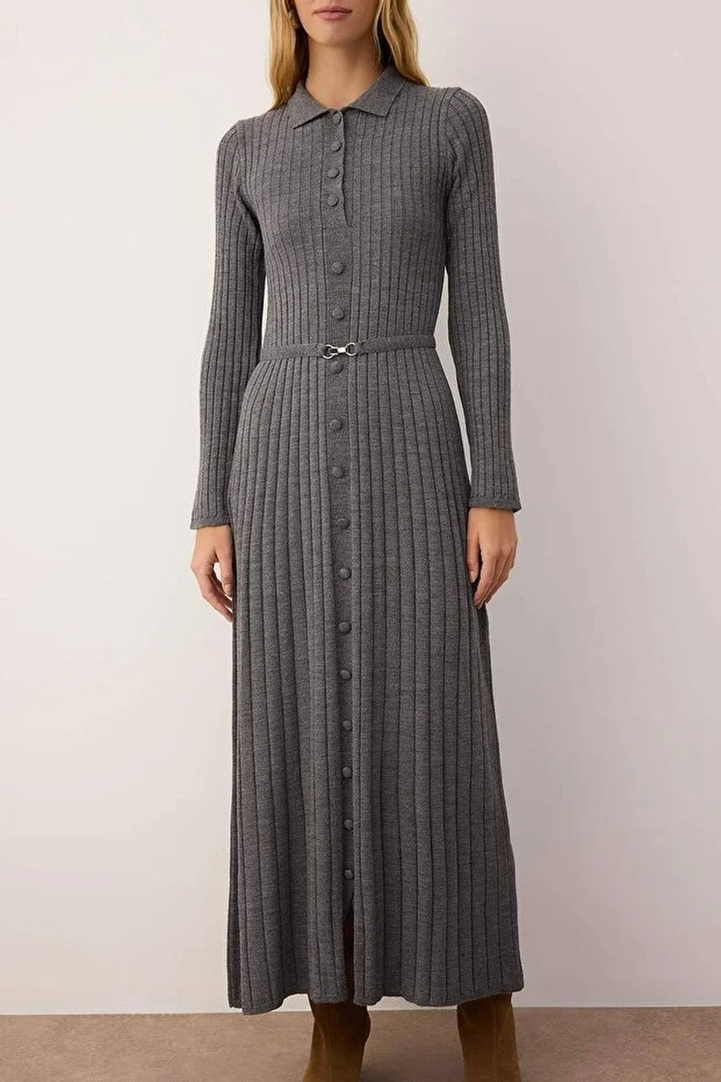 Ribbed Knit Dress with Belt Detail