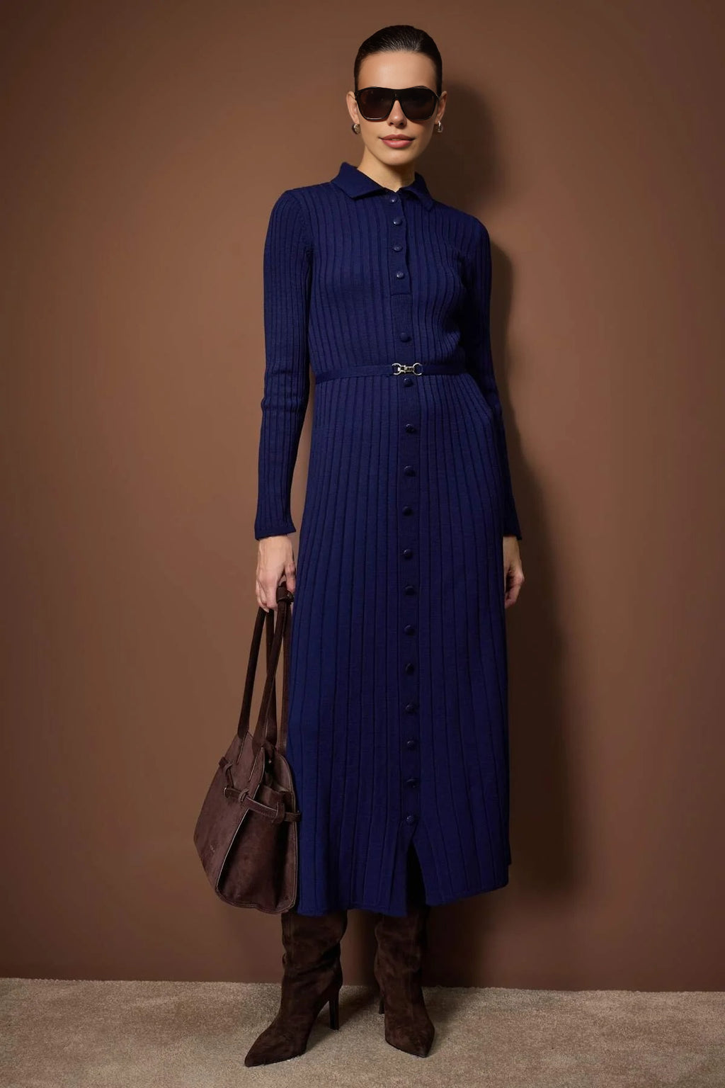 Ribbed Knit Dress with Belt Detail