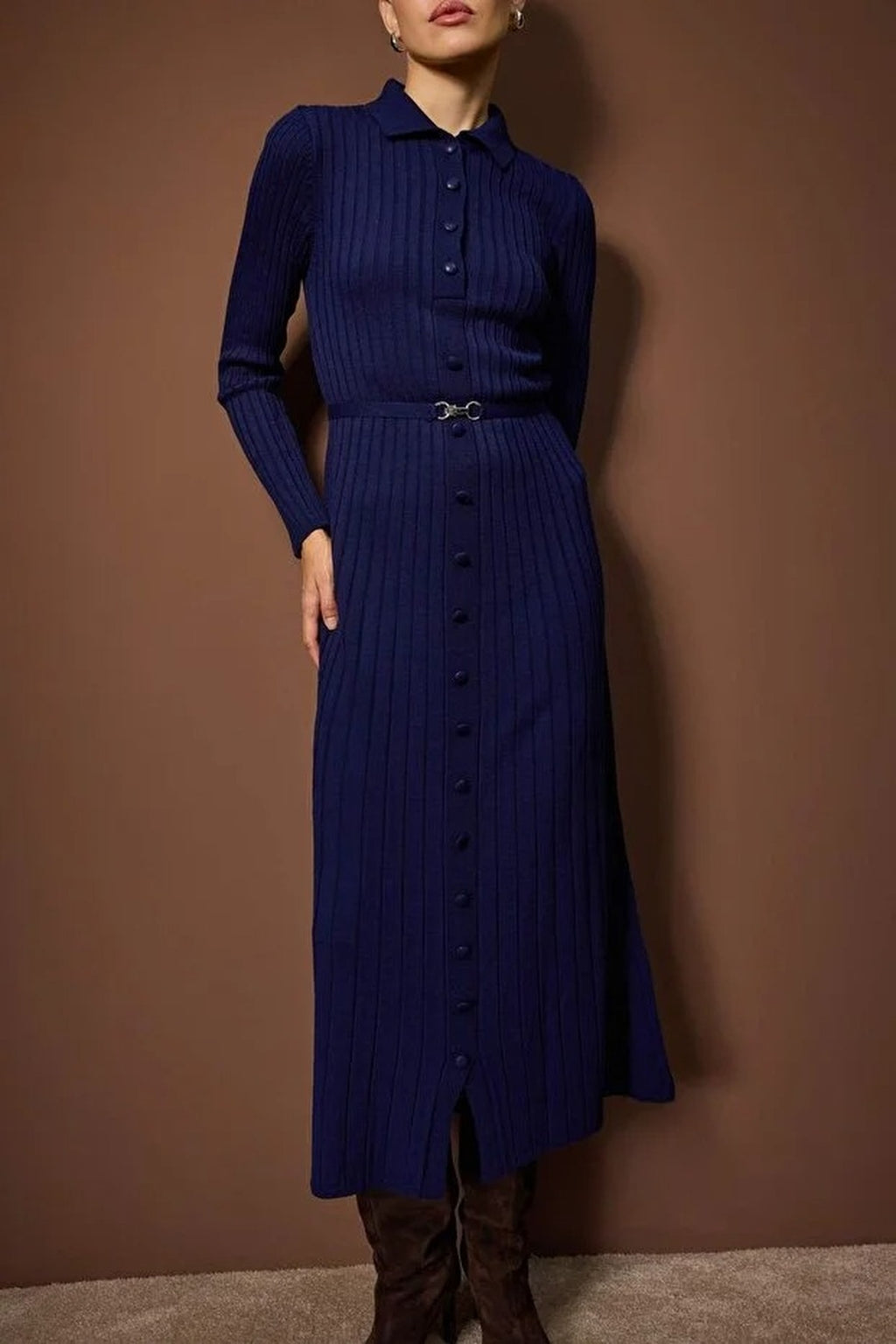 Ribbed Knit Dress with Belt Detail