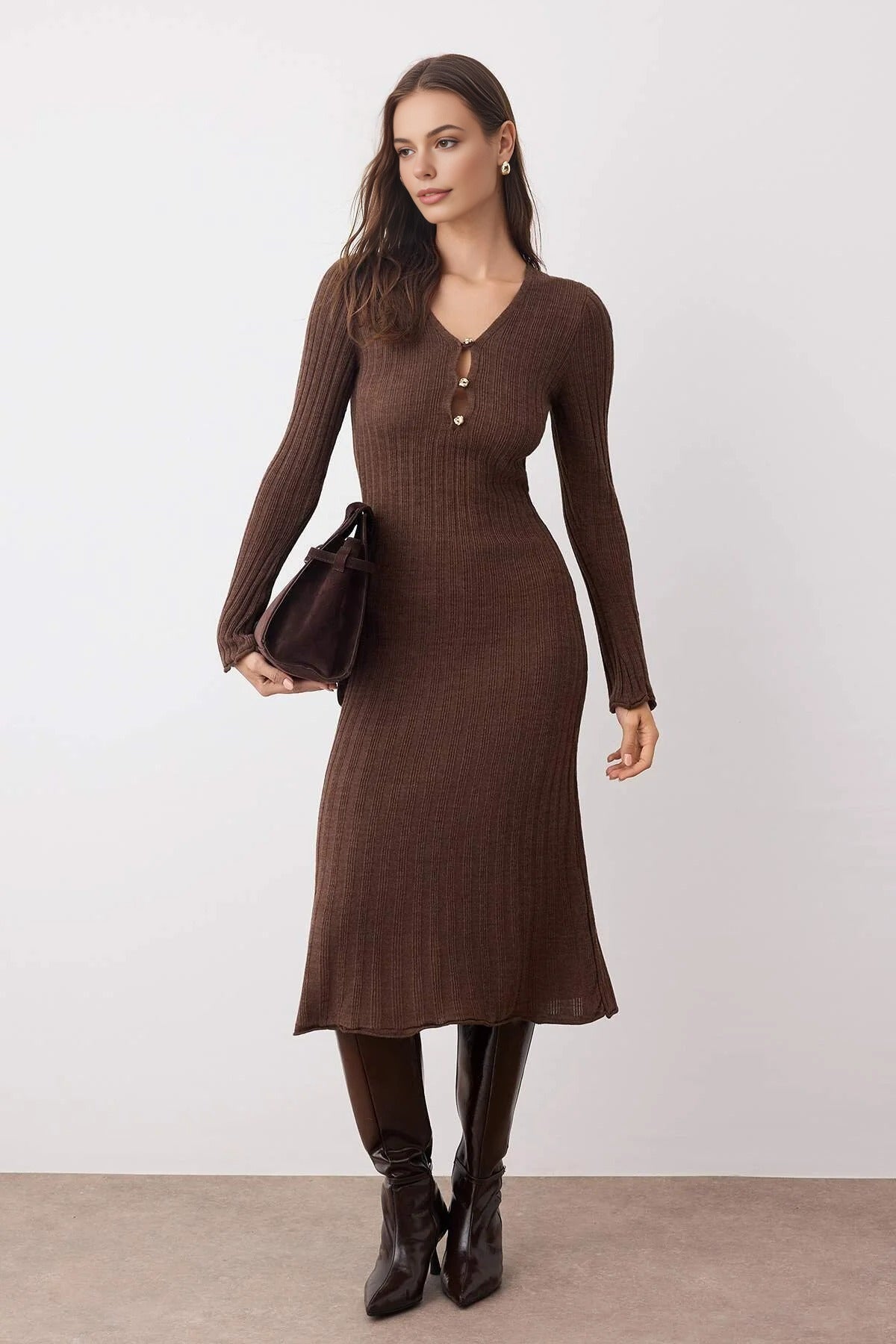 Maxi V-Neck A-line Knitted Long Dress