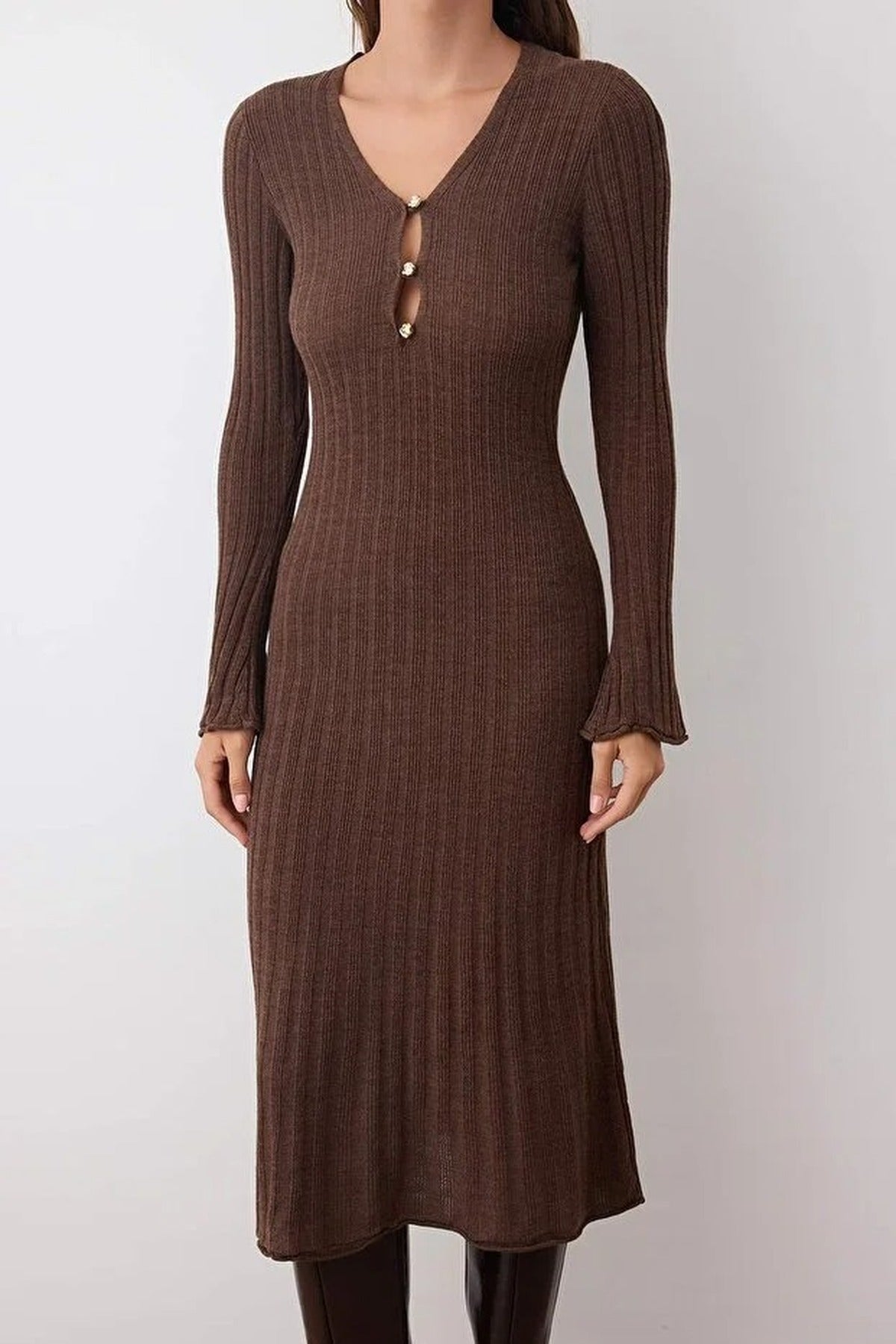 Maxi V-Neck A-line Knitted Long Dress
