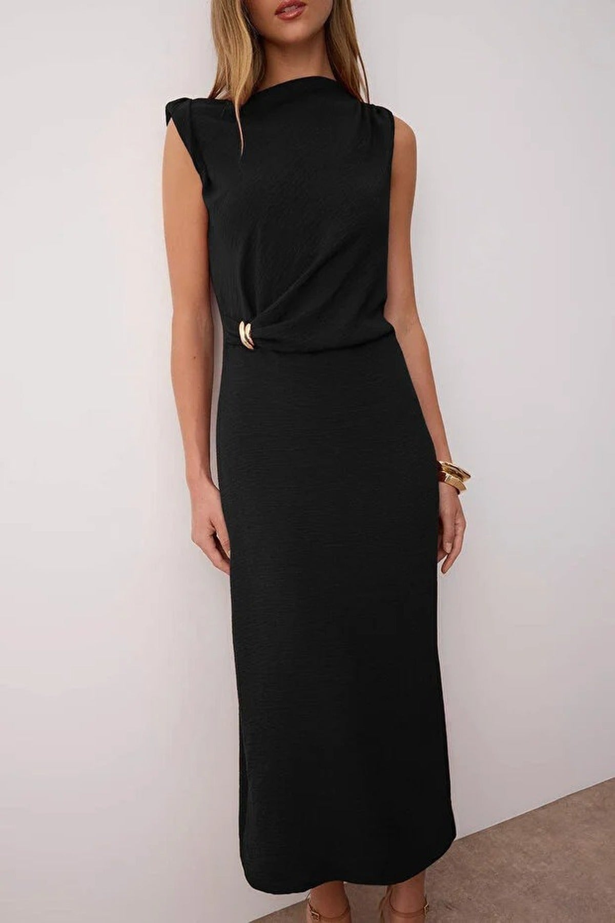 Accessory Detailed Midi Woven Dress