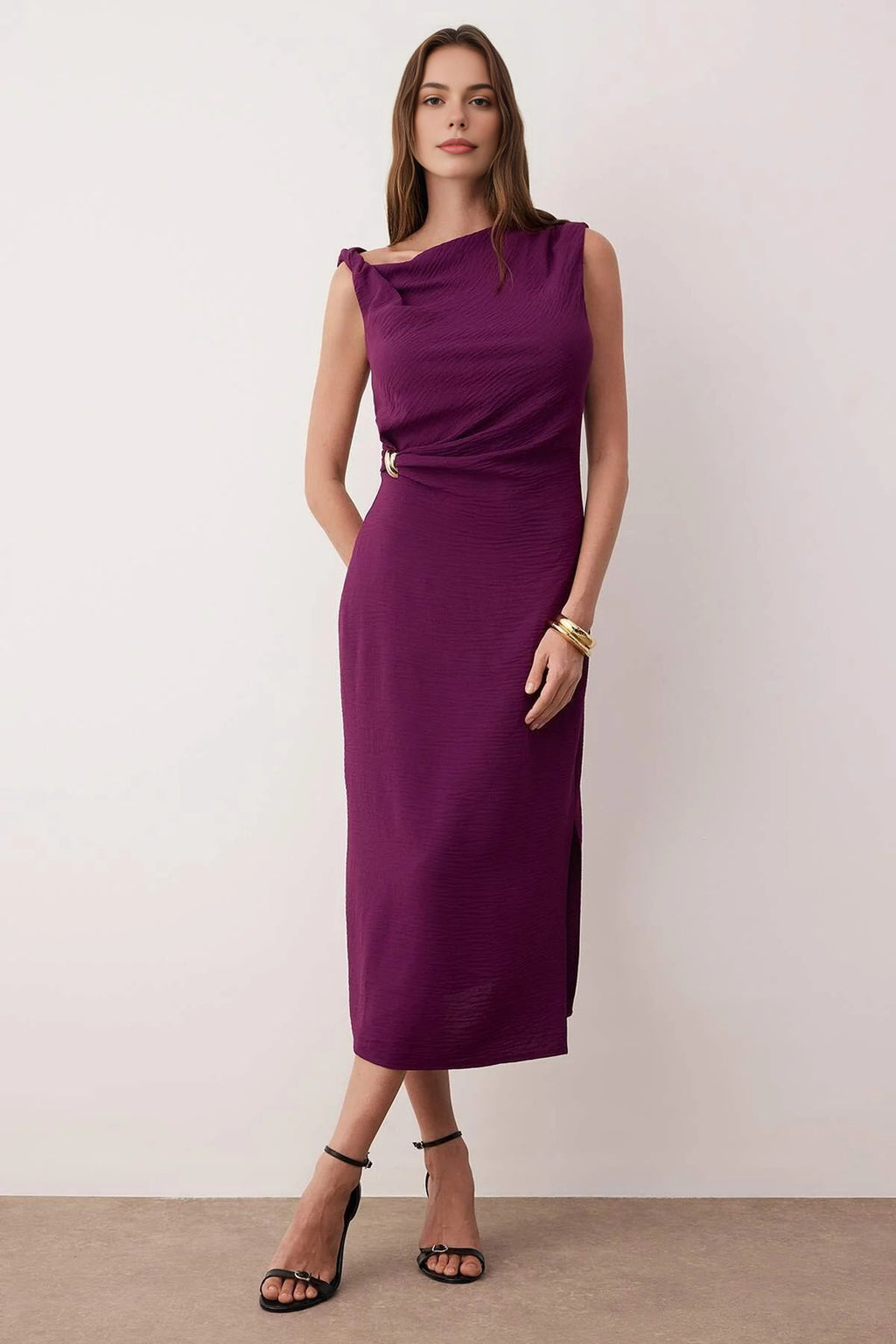 Accessory Detailed Midi Woven Dress