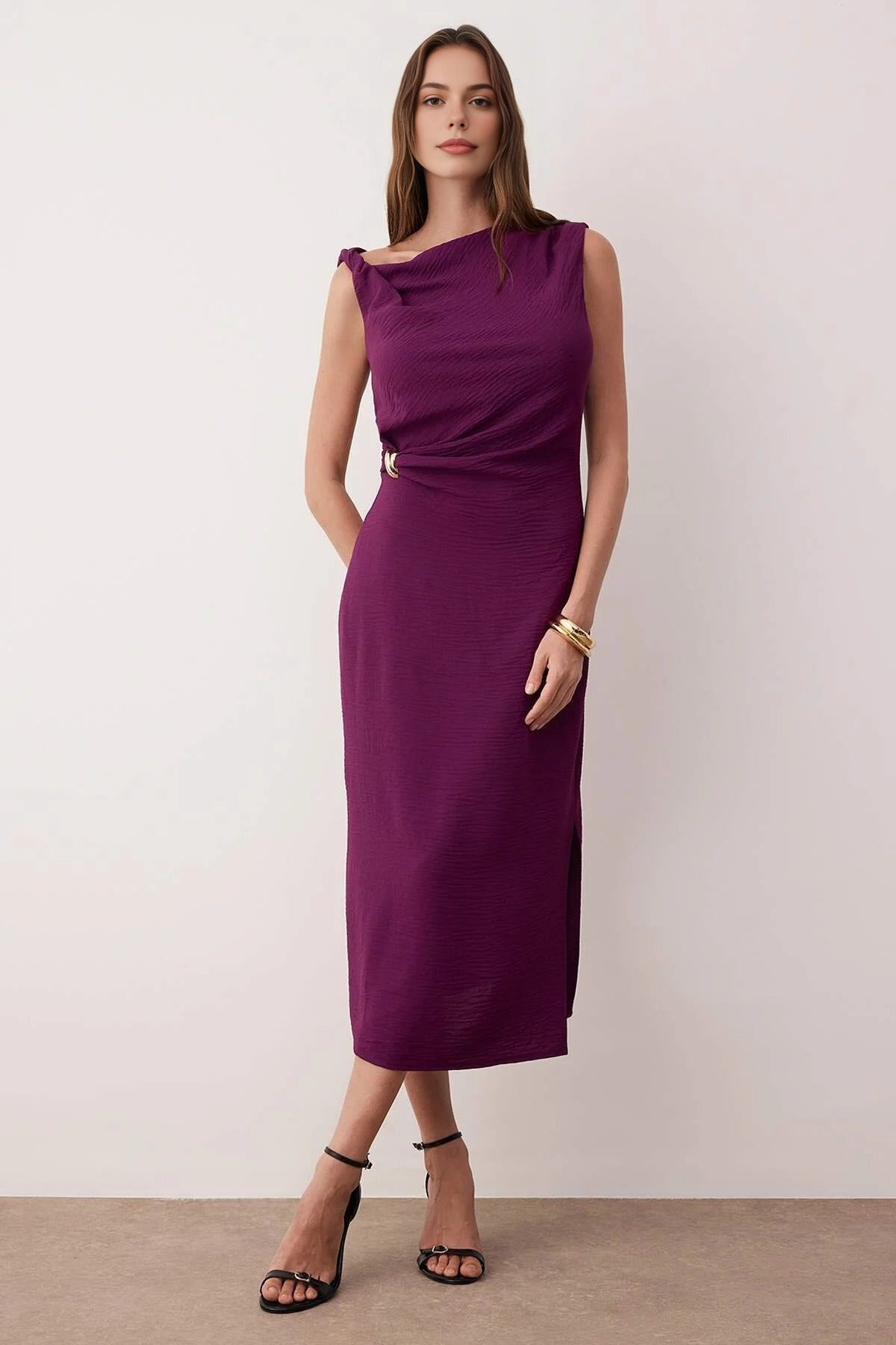 Accessory Detailed Midi Woven Dress