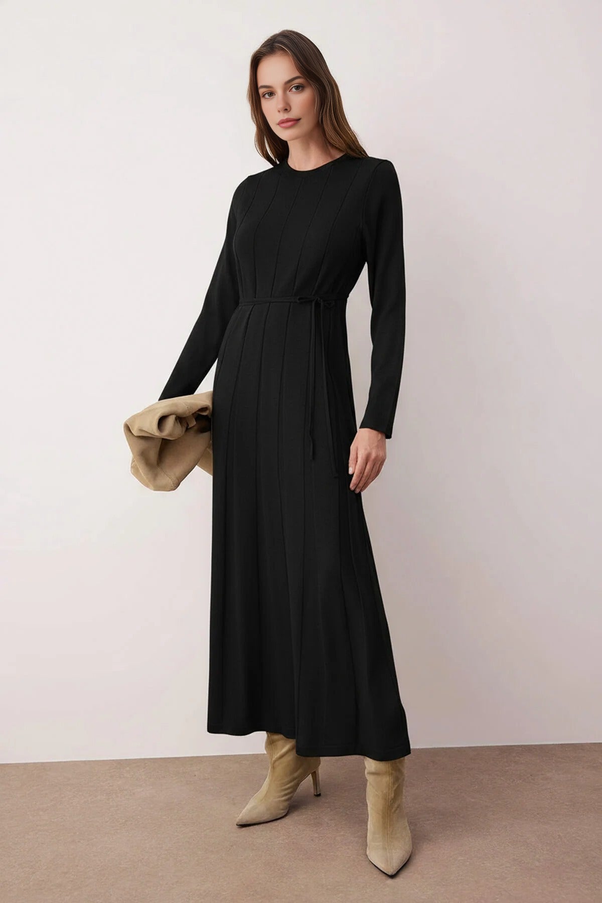 Belted Pleated Knit Dress