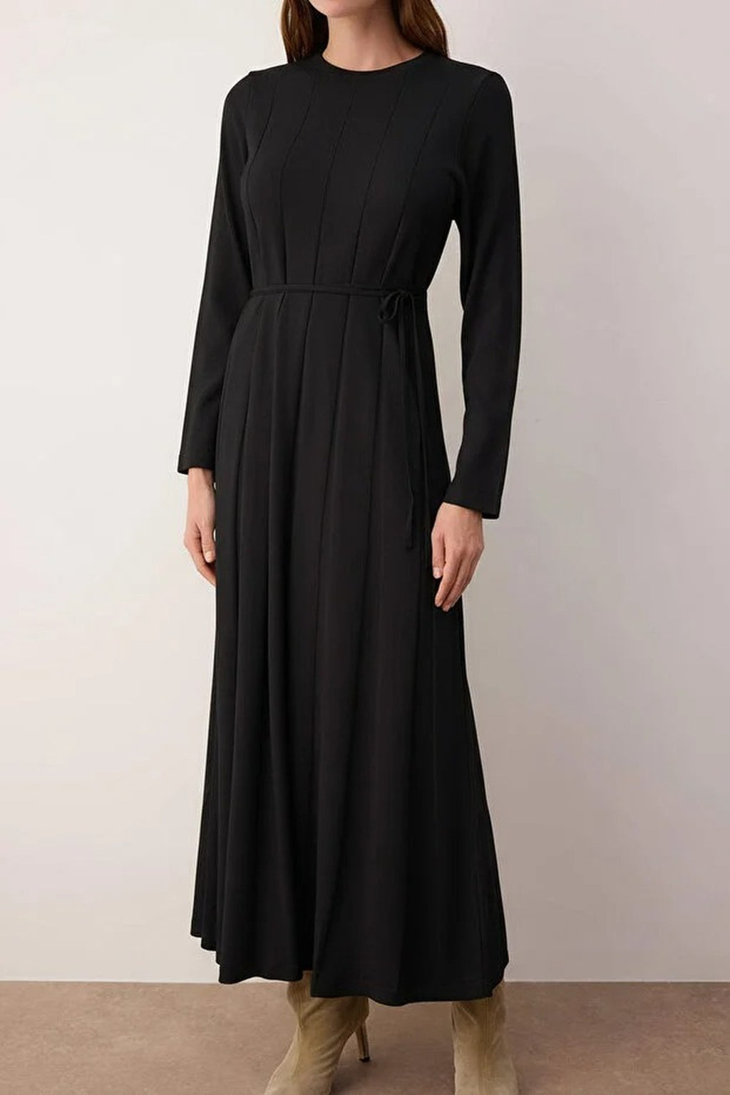 Belted Pleated Knit Dress