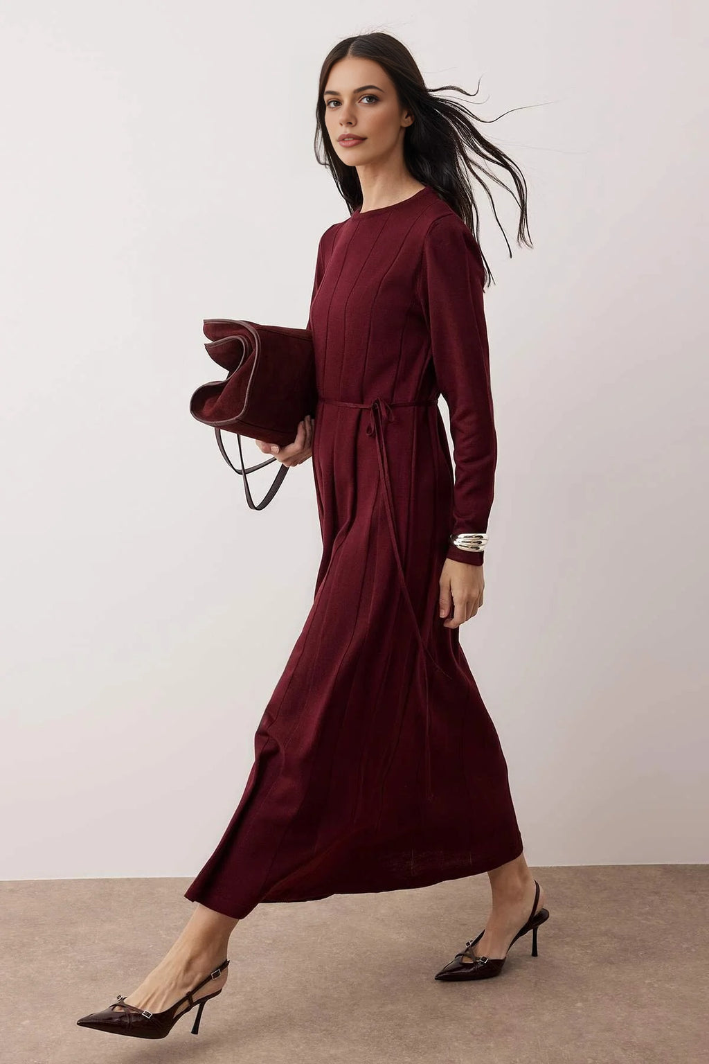 Belted Pleated Knit Dress
