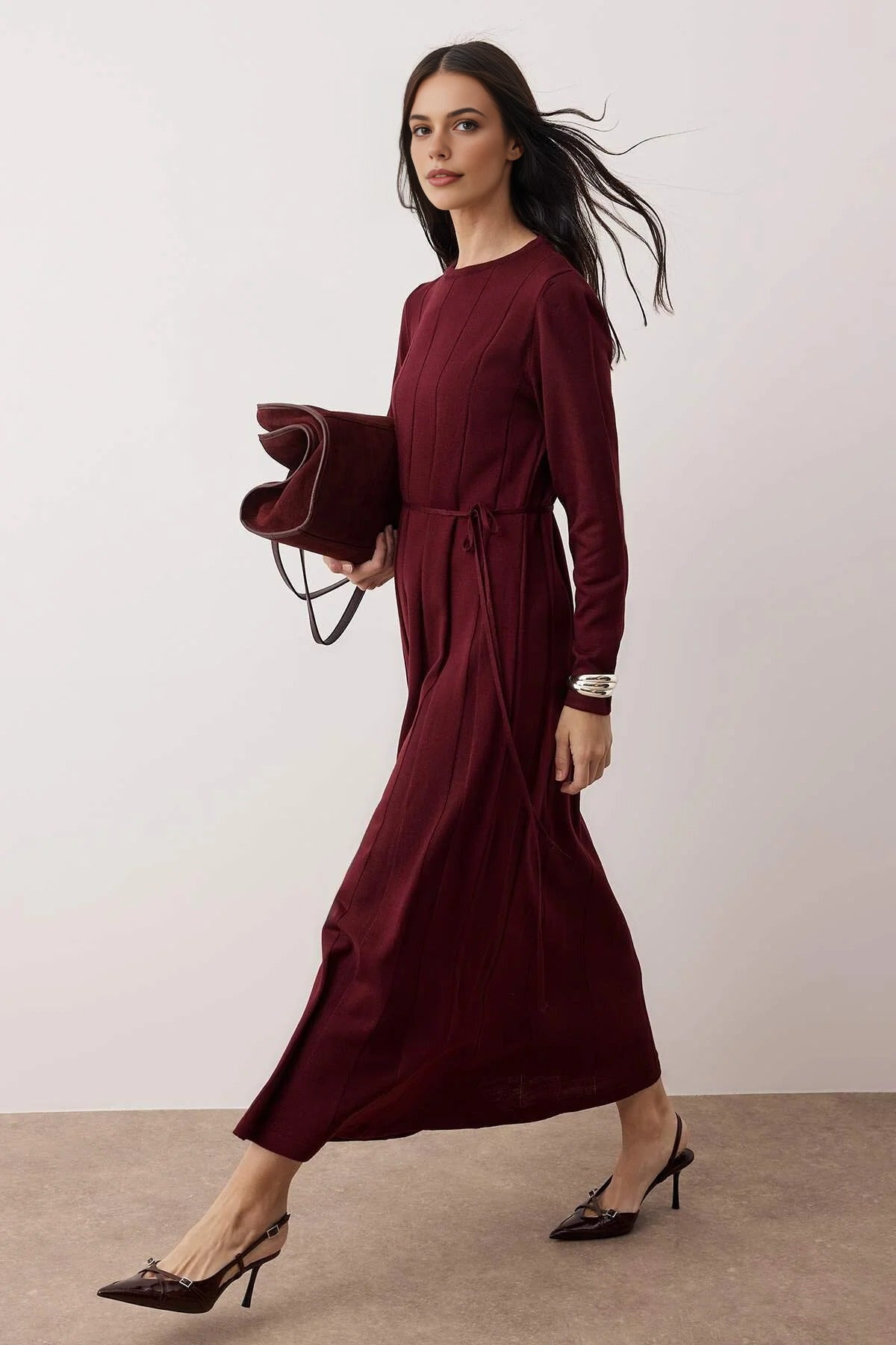 Belted Pleated Knit Dress