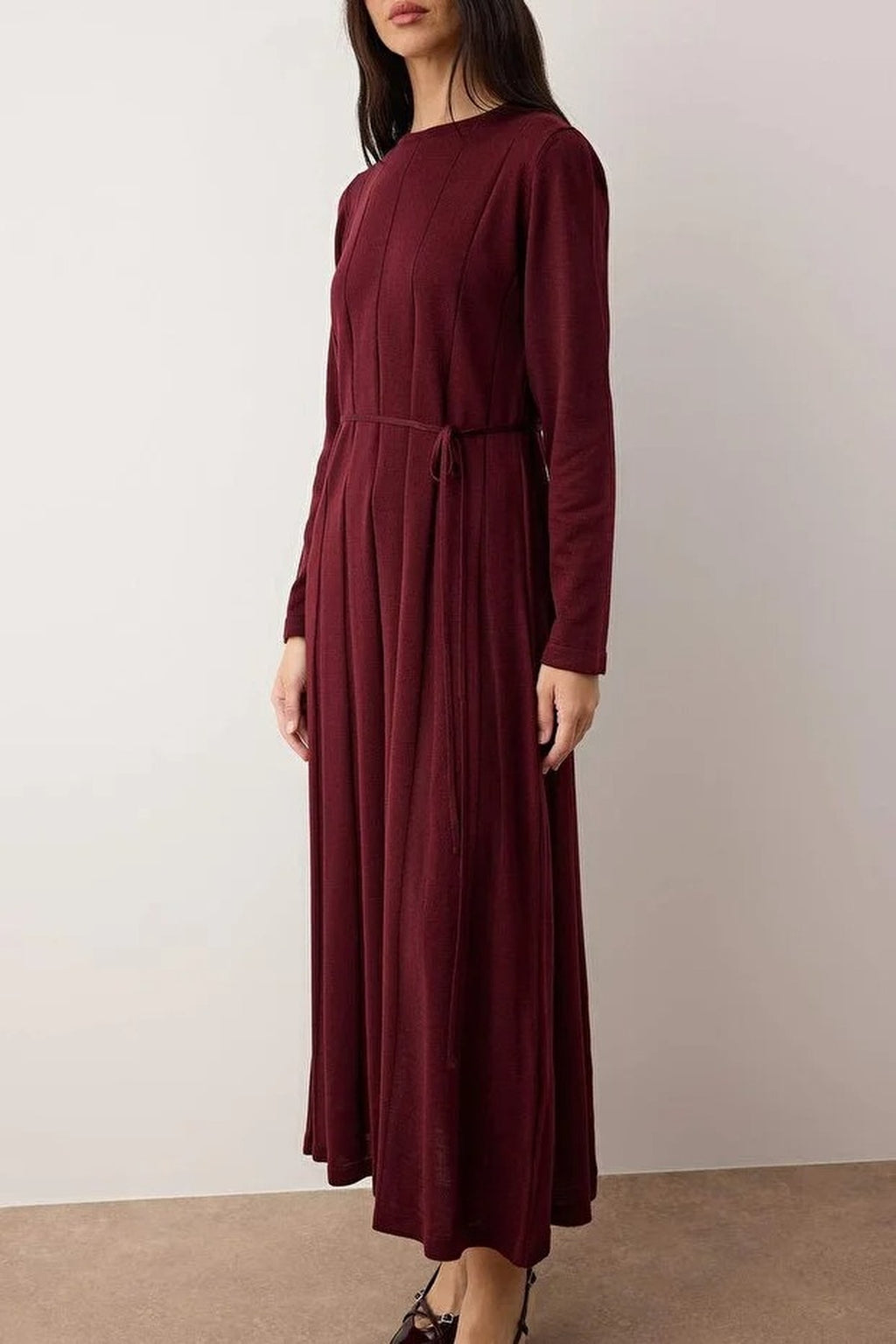 Belted Pleated Knit Dress