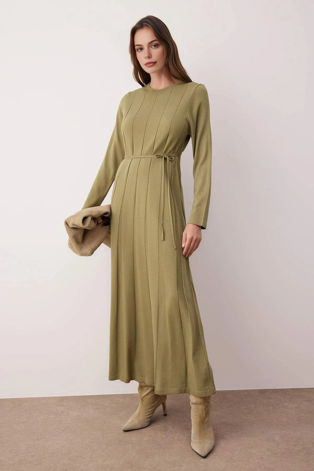 Belted Pleated Knit Dress