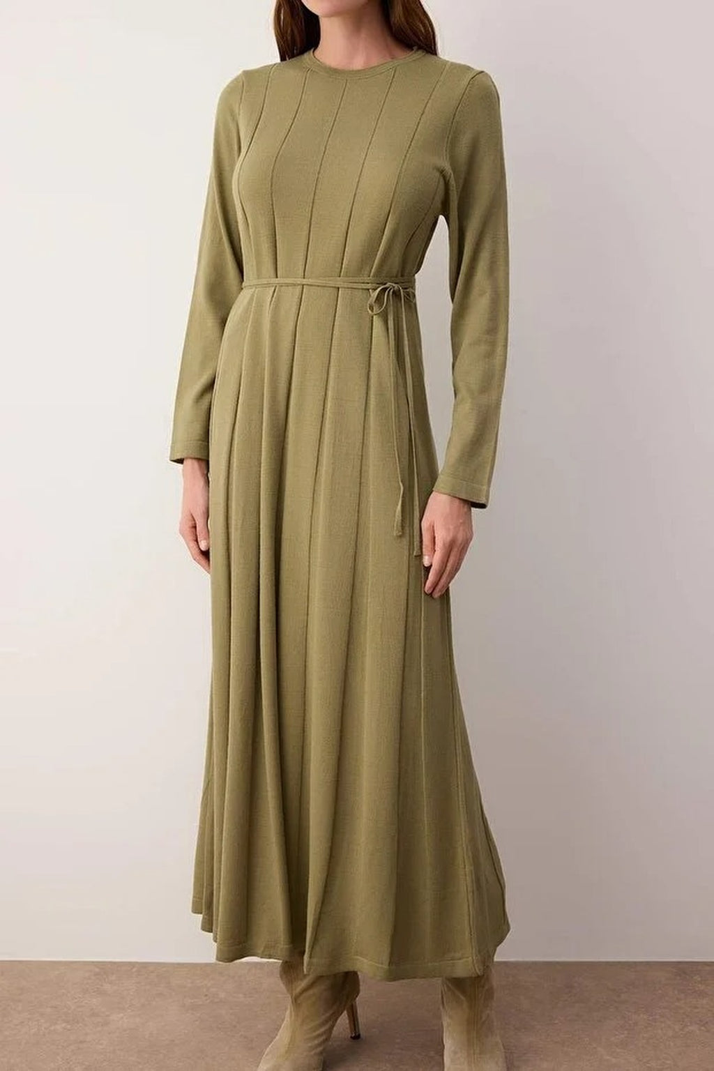 Belted Pleated Knit Dress