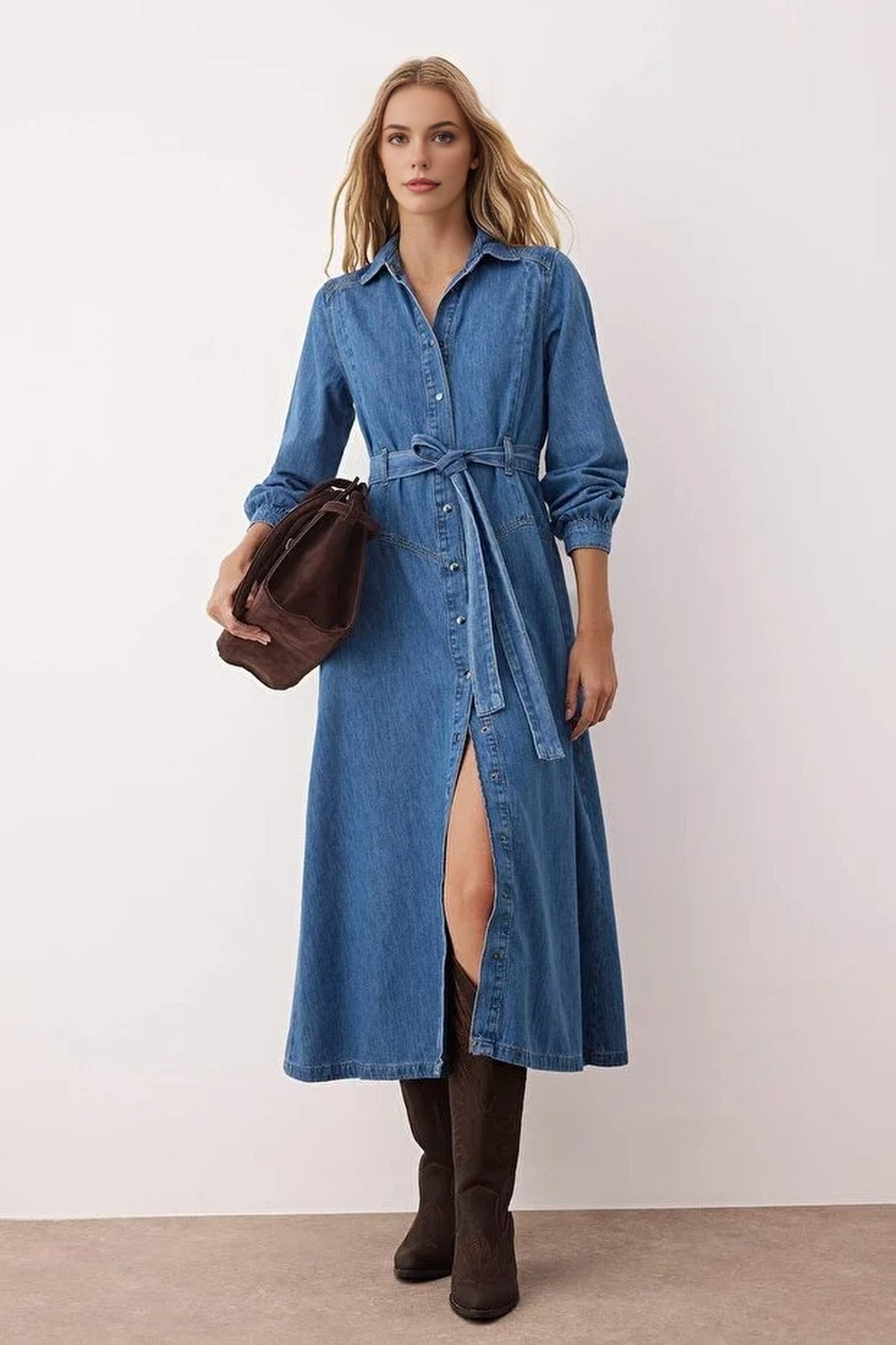 Maxi Denim Dress with Belt Detail