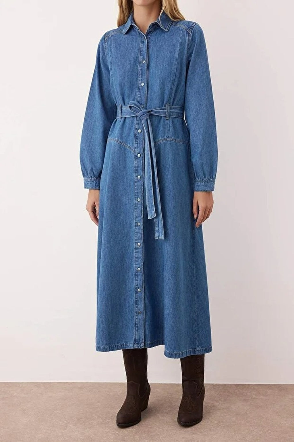 Maxi Denim Dress with Belt Detail