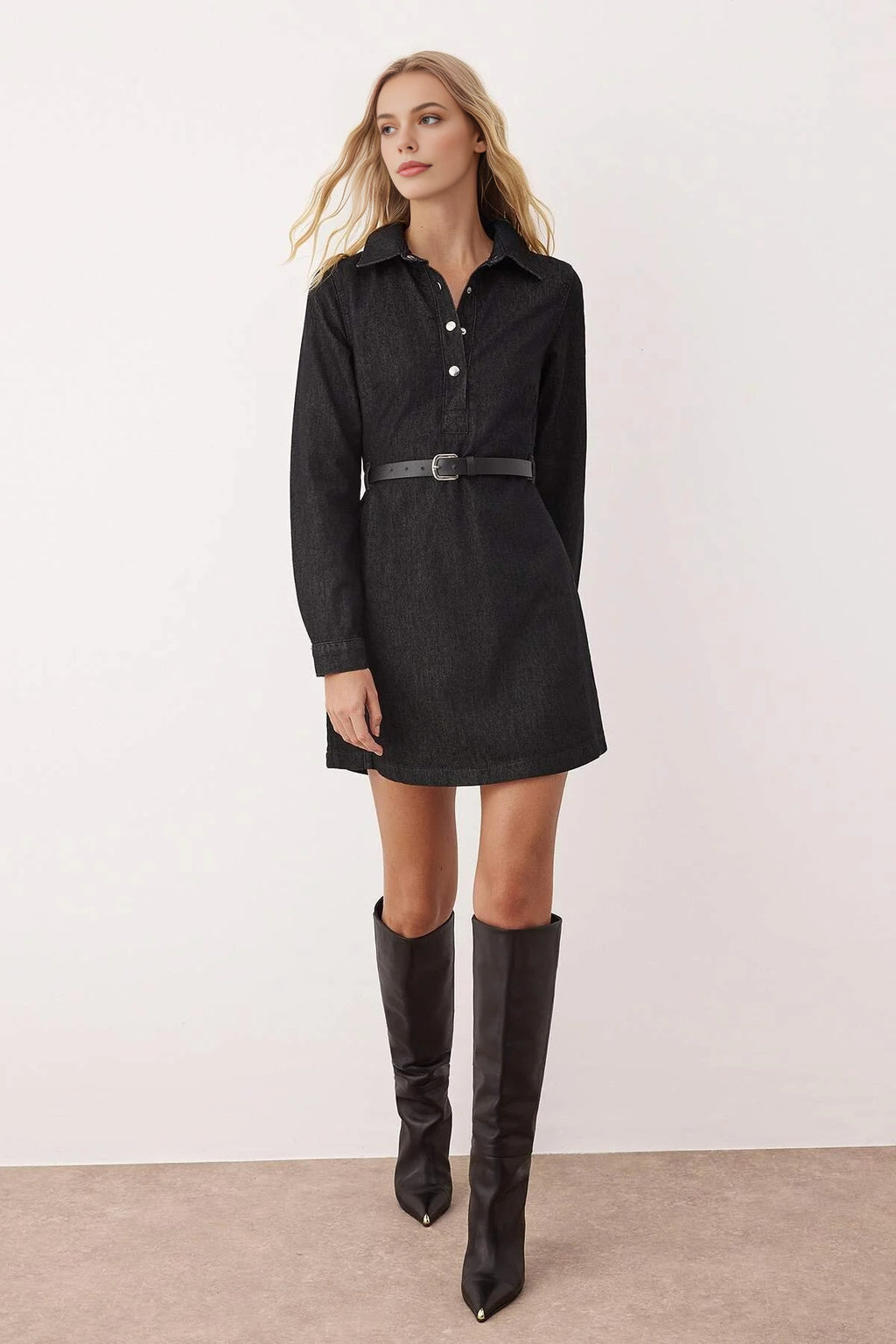 Shirt Collar Belted Long Sleeve Mini Denim Dress