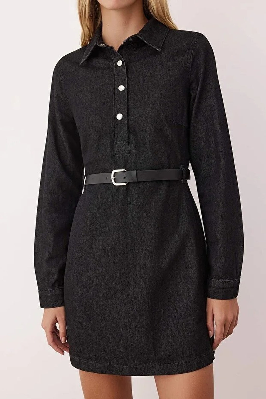 Shirt Collar Belted Long Sleeve Mini Denim Dress