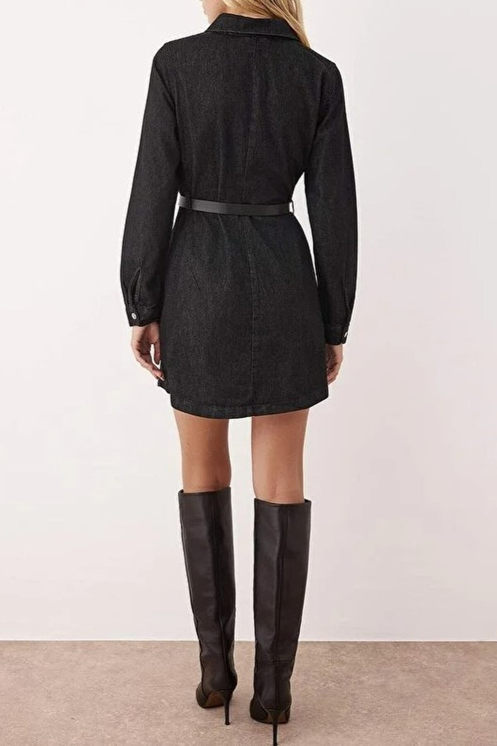 Shirt Collar Belted Long Sleeve Mini Denim Dress