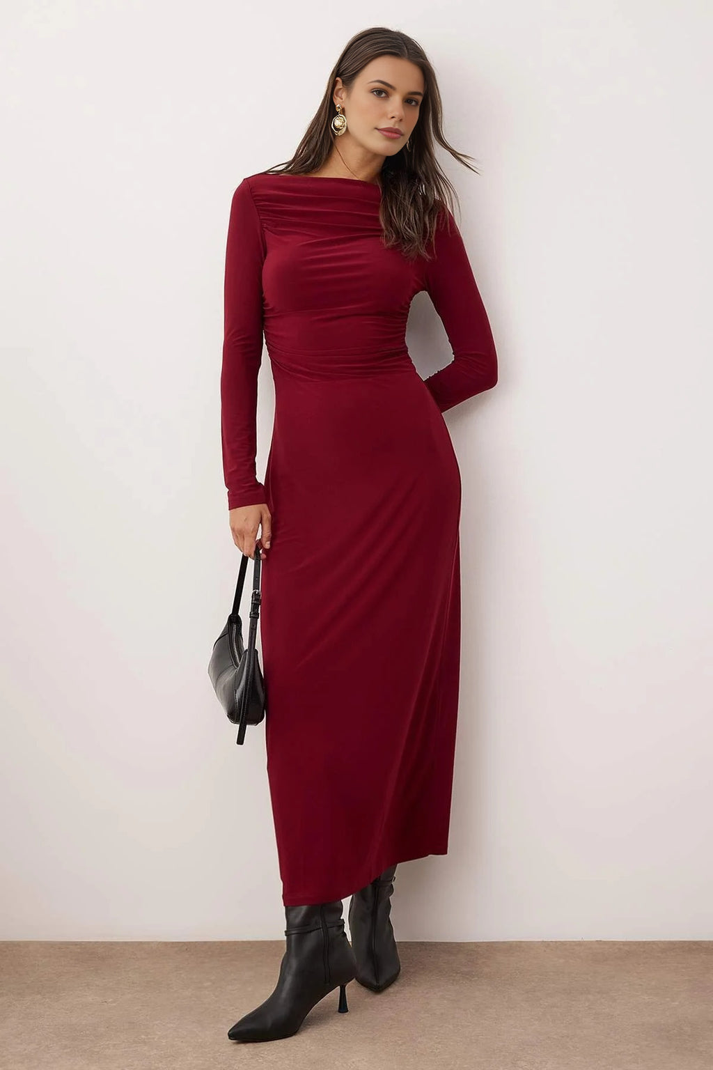 Gathered Detail Stretchy Midi Knit Dress