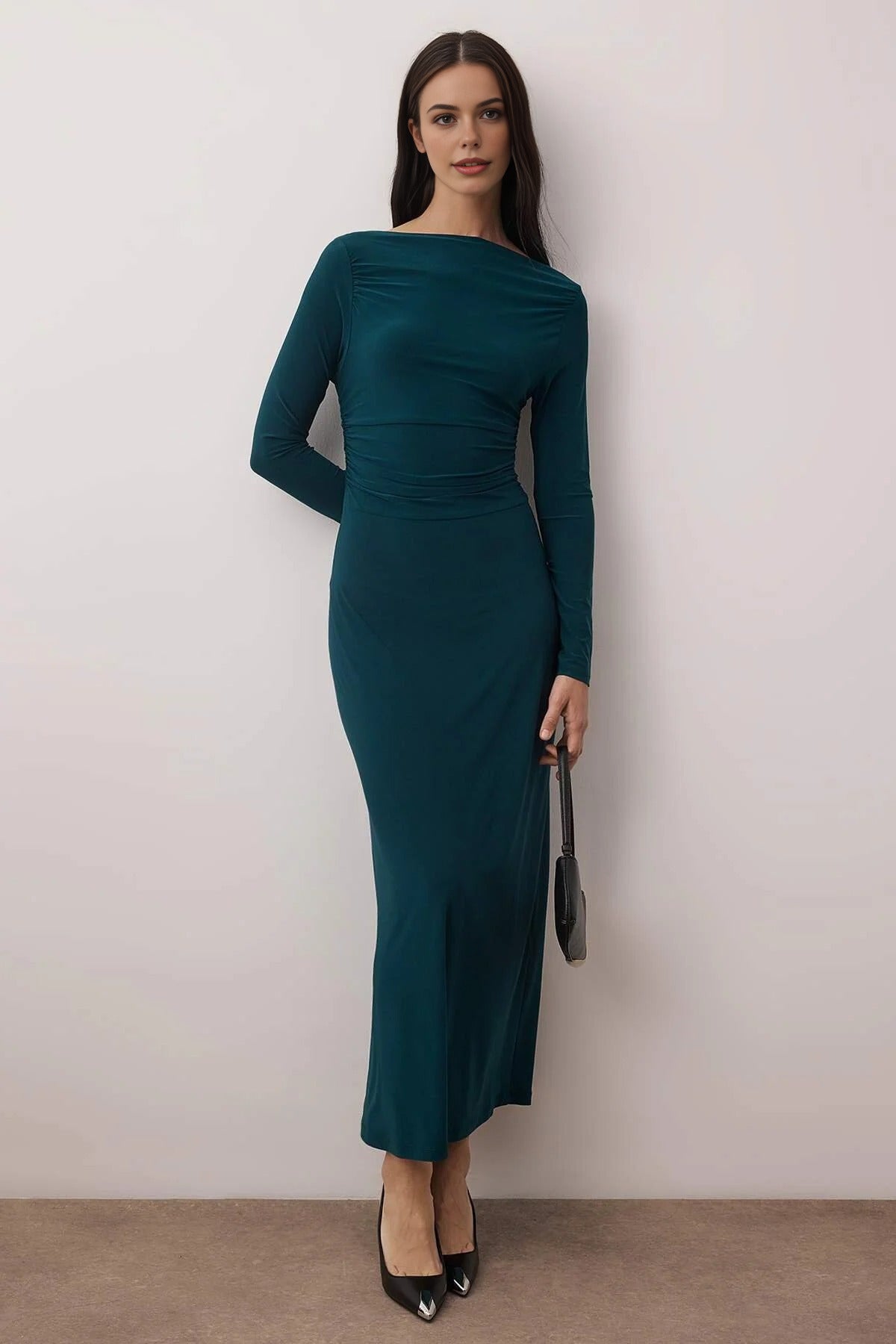 Gathered Detail Stretchy Midi Knit Dress