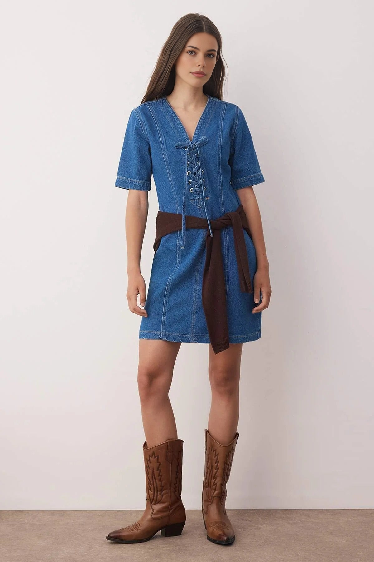 Eyelet Detail Mini Denim Dress