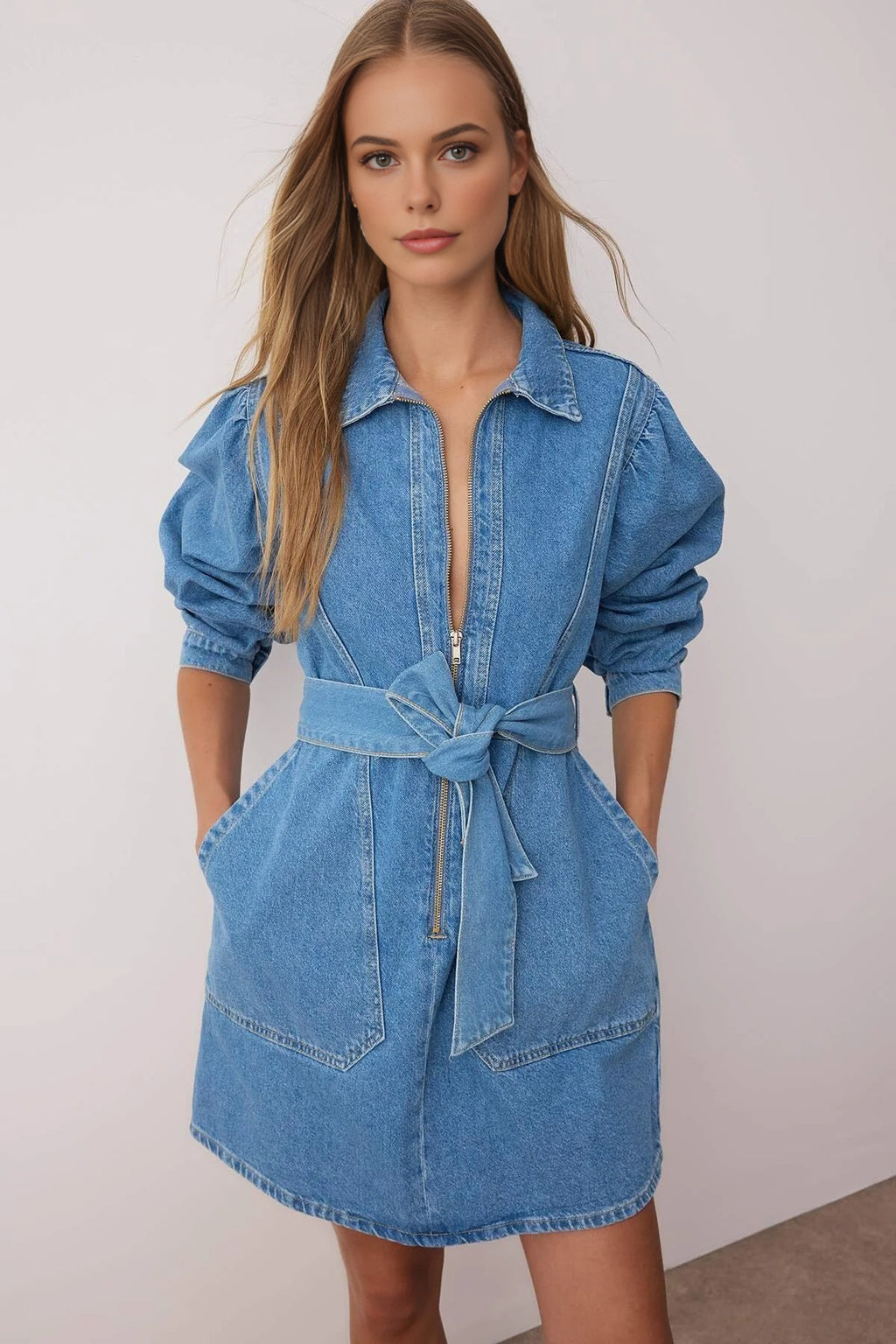 Belted Mini Denim Dress with Zipper and Pocket Details