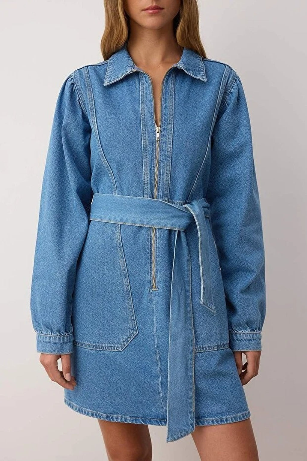 Belted Mini Denim Dress with Zipper and Pocket Details