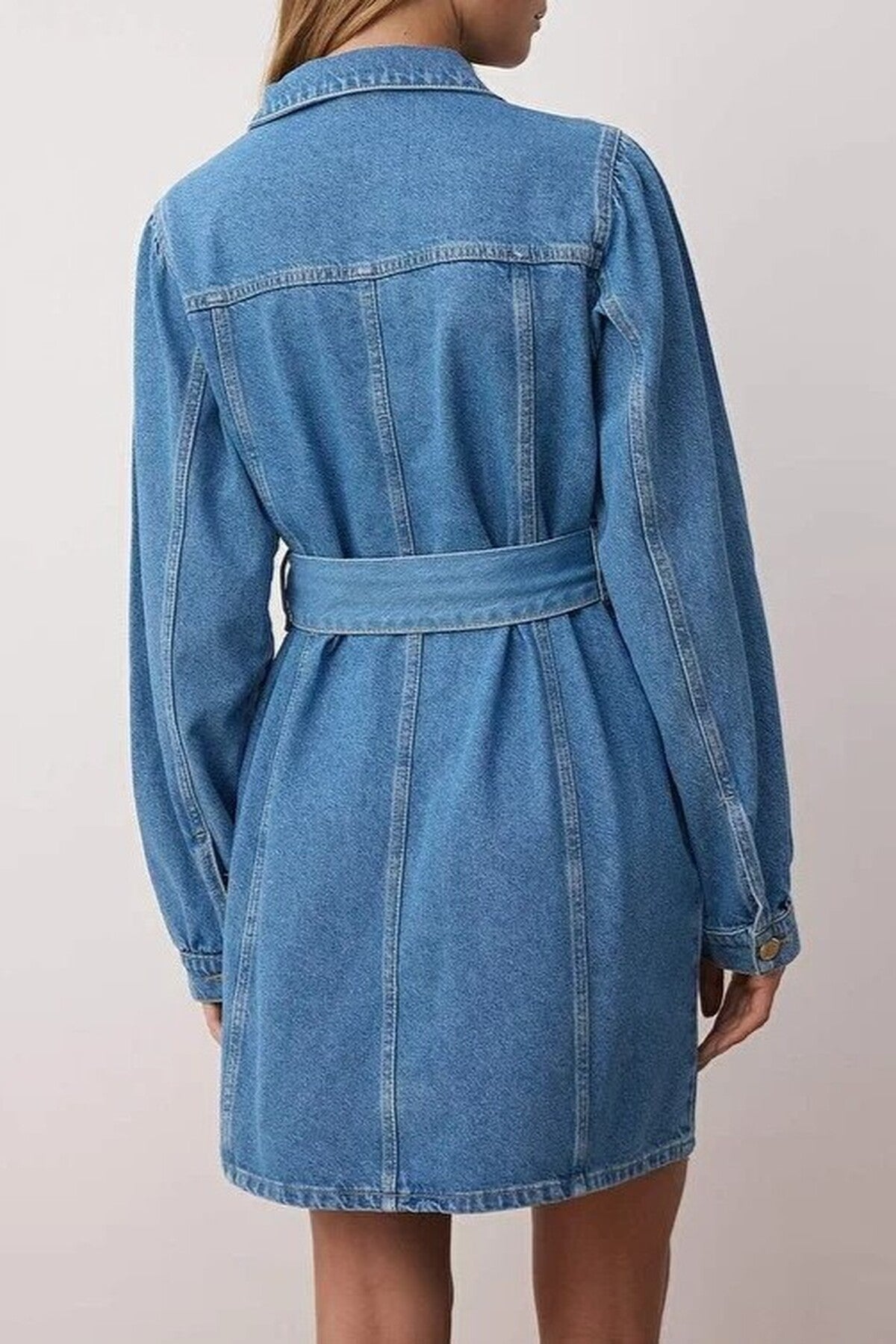 Belted Mini Denim Dress with Zipper and Pocket Details