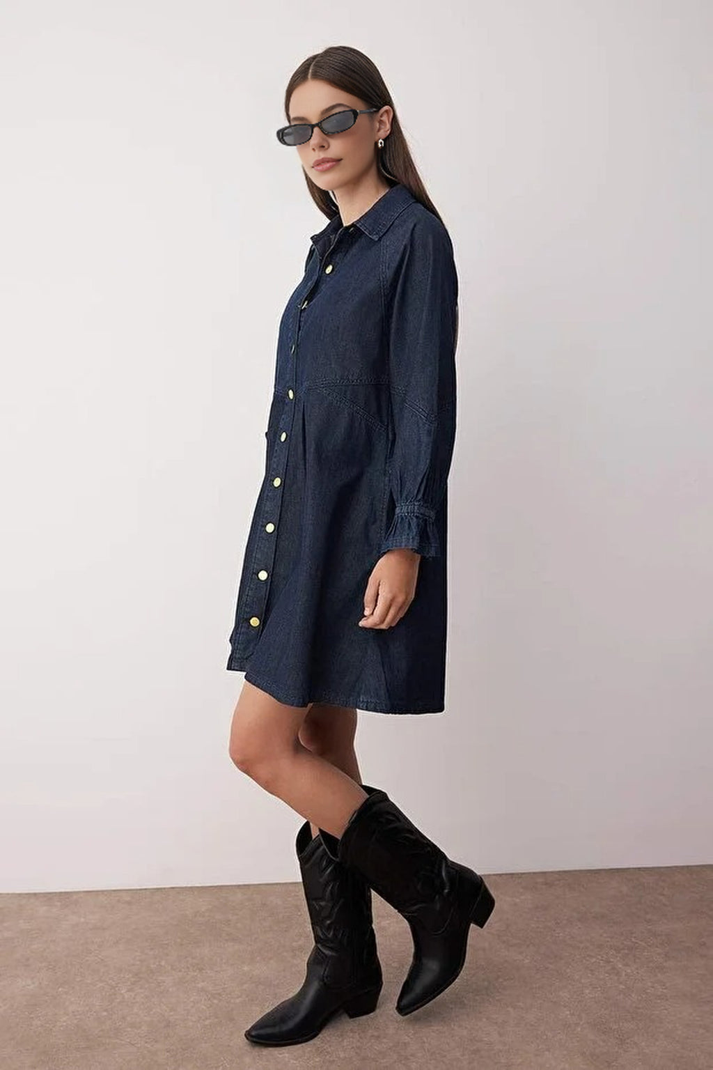 Mini Denim Shirt Dress with Pleated & Sleeve Detail