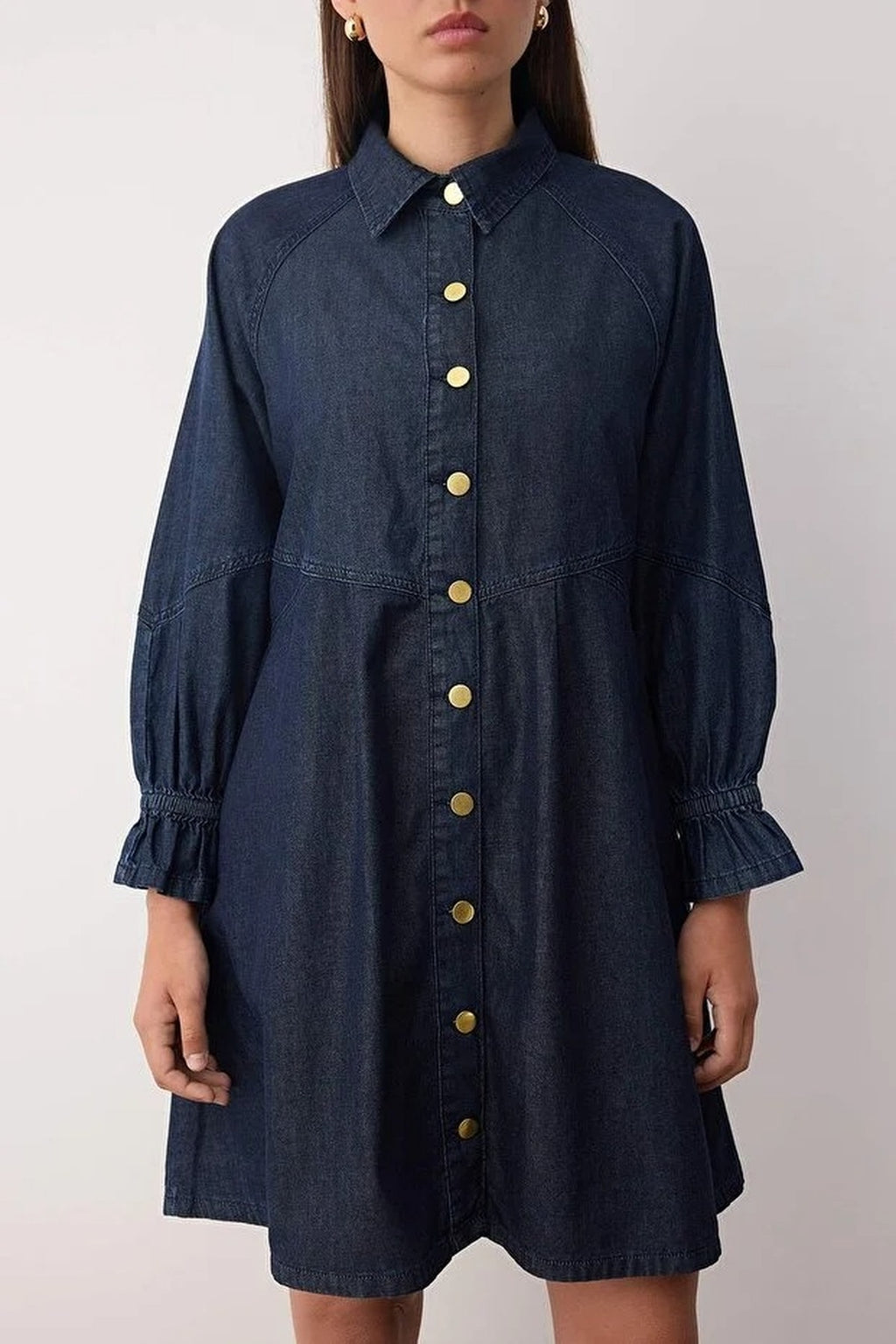 Mini Denim Shirt Dress with Pleated & Sleeve Detail