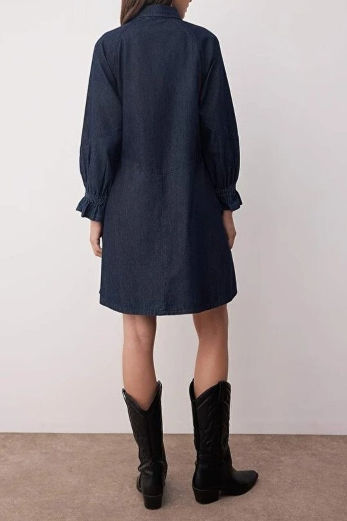 Mini Denim Shirt Dress with Pleated & Sleeve Detail