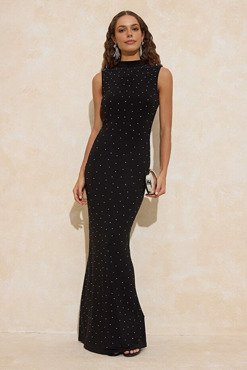 Stone Print Knitted Lined Evening Dress