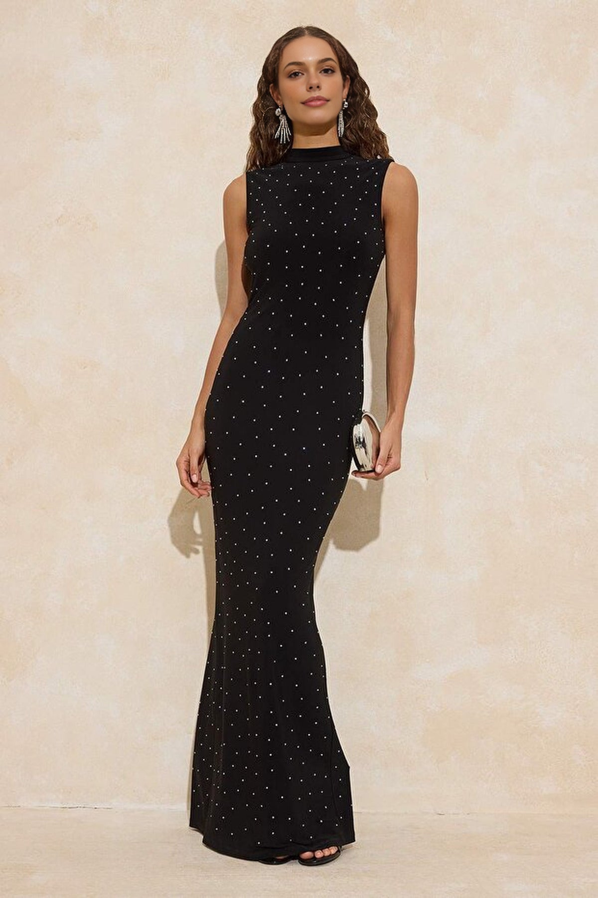 Stone Print Knitted Lined Evening Dress