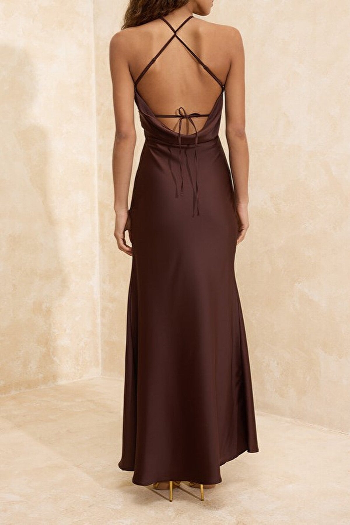 Woven Satin Maxi Evening Dress with Accessory Details