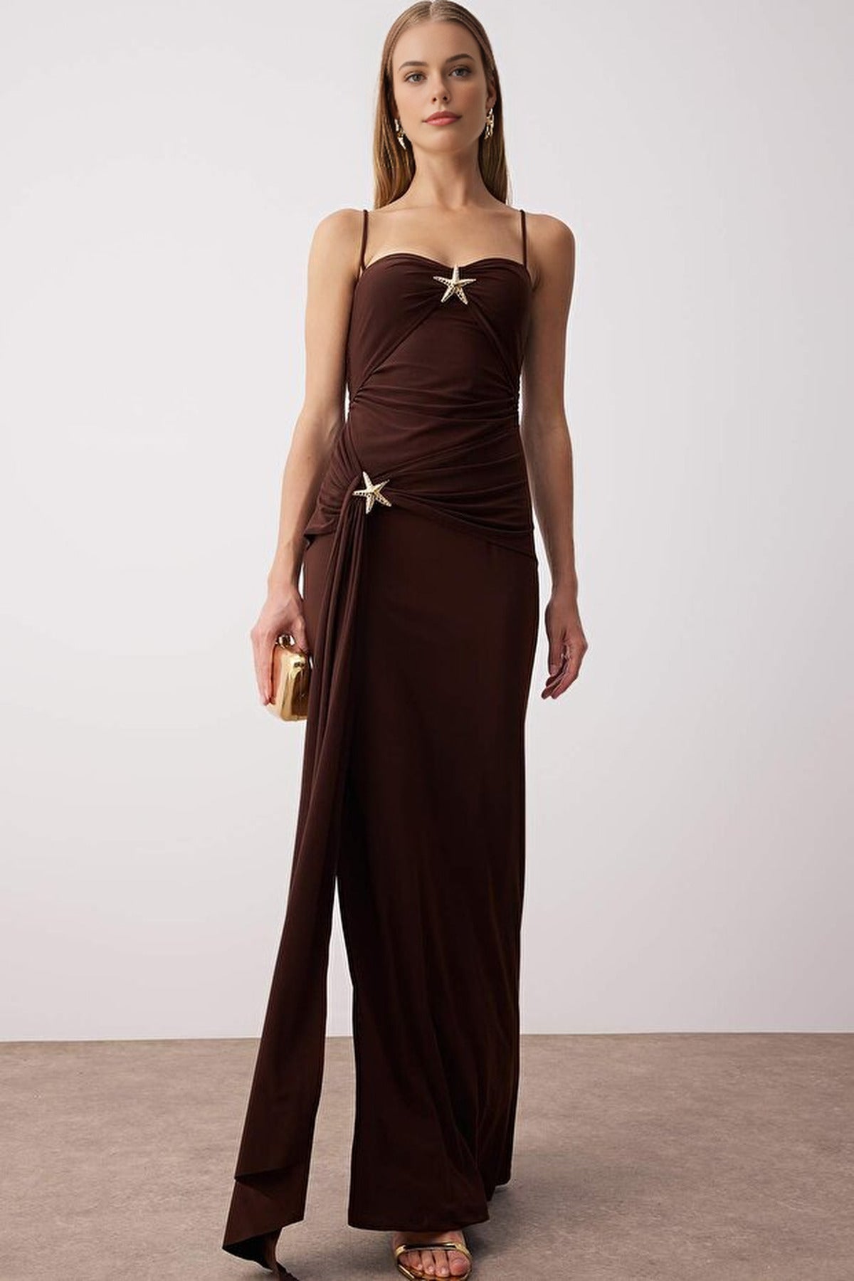Accessory Detailed Knitted Maxi Evening Dress