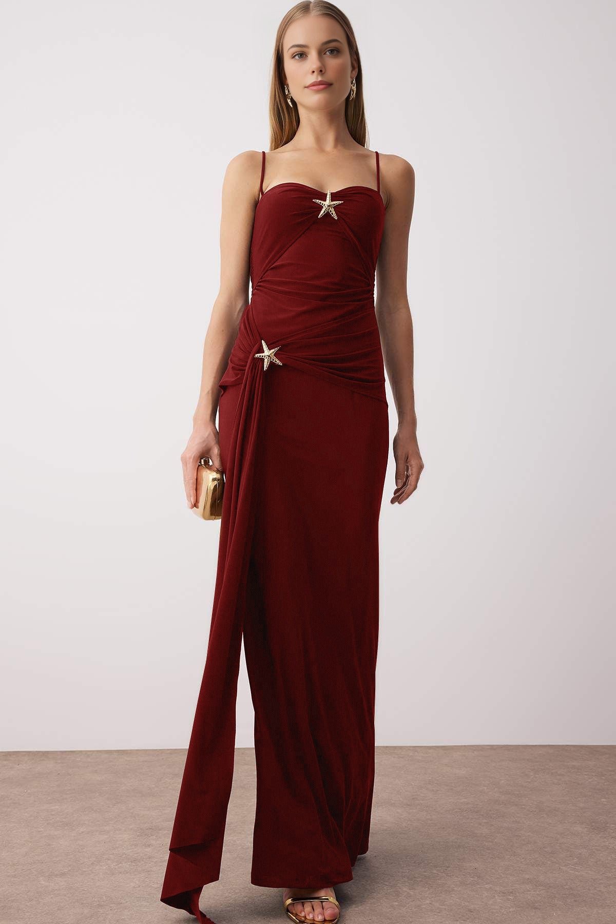 Accessory Detailed Knitted Maxi Evening Dress