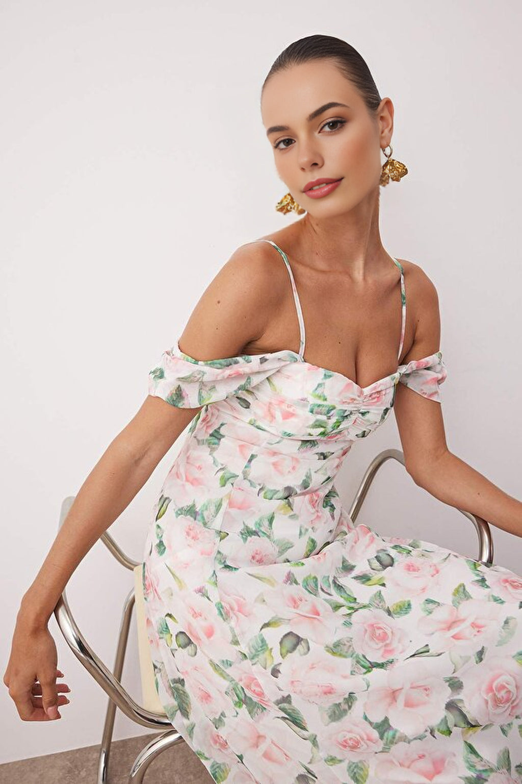 Floral Chiffon Woven Off-Sleeve Evening Dress