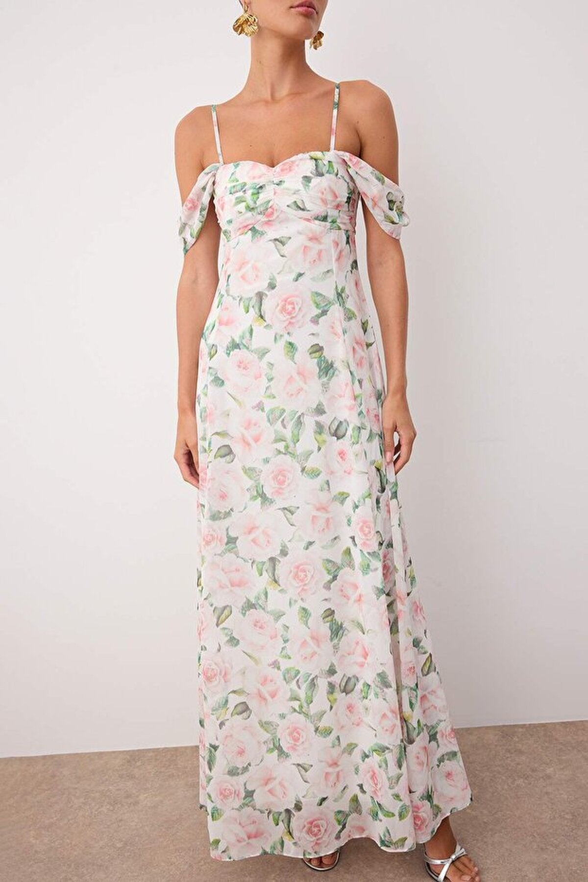 Floral Chiffon Woven Off-Sleeve Evening Dress