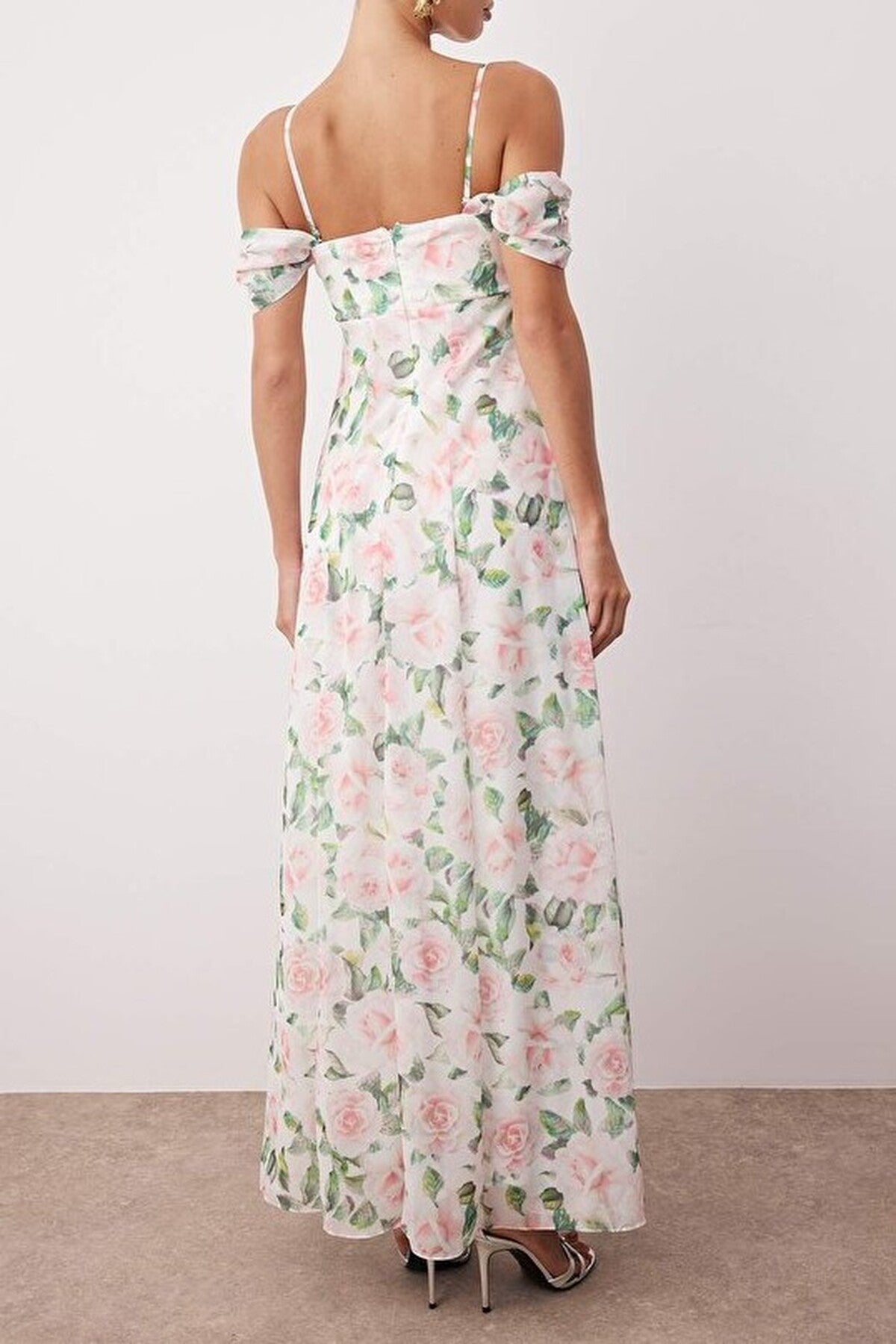 Floral Chiffon Woven Off-Sleeve Evening Dress
